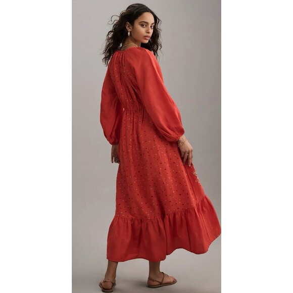 Anthropologie Coral Red Embroidered Maxi Dress - Picture 2 of 16